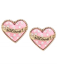 Fall in love with these stud earrings from Betsey Johnson. Crafted from gold-tone mixed metal, the pair is adorned with sparkling crystal accents-enough to tug at your heartstrings. Approximate drop: 3/5 inch.