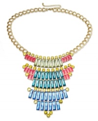 Pharaoh-worthy fashion. This captivating statement necklace from Bar III shines with golden tones and colorful crystals in a pyramid silhouette. Crafted in antiqued gold tone mixed metal. Approximate length: 16 inches + 2-inch extender. Approximate drop: 4-1/2 inches. Approximate width: 4 inches.