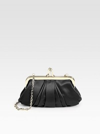 Elegantly-pleated silk in a gorgeous frame-top bag finished with a signature pump clasp.Chain shoulder strap, 10 dropTop clasp closureOne inside open pocketFully lined9W X 5½H X 2DMade in Italy