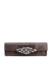 THE LOOKElegant rectangular evening clutchJeweled contour flap with magnetic closureLarge and small-scale texturesTuck-away shoulder chain, 15 dropTHE FIT10W X 3½W X 1DTHE MATERIALPythonLeather and suede-like liningORIGINMade in USA