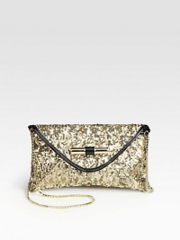 Truly sparkle in this sequin adorned design with glossy, patent leather trim.Detachable box chain shoulder strap, 23 dropMagnetic snap flap closureOne inside open pocketSatin lining9W X 5H X 1DMade in Italy