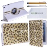 BLING 360 Rotating iPad Mini White Leather Case Cover with Sparkling Crystals Rhinestone/ Two High Quality Stylus / Two High Grade Screen Protector / One Stylus - ECO-FUSED Microfiber Cleaning Cloth 5.5x3.0 included (Leopard Rhinestone)