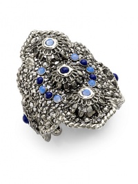 THE LOOKGypsy CollectionCuff silhouetteScalloped edgesLapis cabochon, blue opal and Swarovski crystal accentsAntique silverplated settingTHE MEASUREMENTWidth, about 4Diameter, about 2¾Opening, about 1ORIGINMade in USA