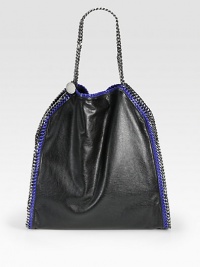 A faux leather style with faux patent whip stitching and shiny link chain trim that follows the brand's vegetarian initiatives.Double chain top handles, 5 dropChain shoulder strap, 10 dropMagnetic snap closureOne inside zip pocketOne inside open pocketOne zip pouchFully lined17W X 17½H X 5DMade in Italy