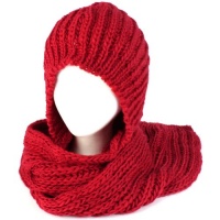 Winter Chunky Knit Hooded Scarf Pullover Headscarf Neckwarmer Hoodie Hat Red