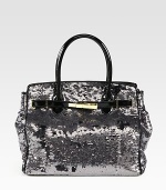 Channel old-Hollywood glamour in this sequined silk carryall finished with patent leather trim.Double top handles, 5¼ dropMagnetic top closureProtective metal feetOne inside zip pocketOne inside leather open pocketSatin lining11W X 13¼H X 6DImported