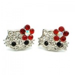 X-small 1/4 Kitty Stud Earrings w/ Red Flower Bow - Silver Plated