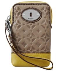 Hold the phone. House your gadget in signature style with this logo-embossed case from Fossil. Crafted from rich leather with convenient wristlet strap and discrete pockets, it's the perfect place for stowing your stash.