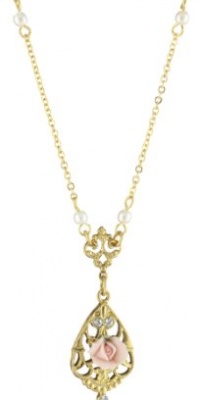 1928 Jewelry Vintage-Inspired Collection Gold Tone Porcelain Rose Teardrop Necklace