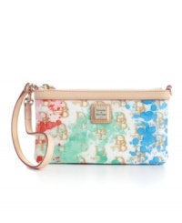 Make a splash! The Signature 1975 Dooney & Bourke wristlet shows off a fun new splashed color theme.