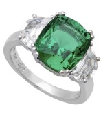 Add a splash of color with this royalty-inspired design. CRISLU's stunning cocktail ring features a large, green-hued cubic zirconia (8 ct. t.w.), clear cubic zirconia side accents, and a platinum over sterling silver band. Ring size 7 and 8.