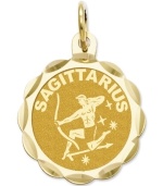 Tell everyone your sign in style! This scalloped and polished disc charm features the Sagittarius Zodiac in 14k gold. Chain not included. Approximate length: 9/10 inch. Approximate width: 3/5 inch.