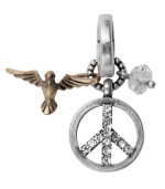 Give peace a fighting chance. Fossil's charm shows how much care with a crystal pave peace sign in silvertone and goldtone sparrow. Crafted in mixed metal. Approximate drop: 1-1/2 inches.