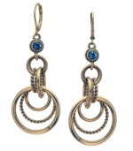 A chic cluster of circles decoratively detail these stylish drop earrings from T Tahari. Accented by sparkling blue crystals at the top, they're set in gold tone mixed metal. Approximate drop: 2-1/2 inches.