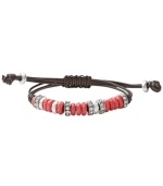 Spruce up your summer look in Fossil's bright bracelet. Strung from a brown leather cord, reconstituted jade beads in dyed watermelon combine with sparkling crystals for a lively look. Set in silver tone mixed metal. Bracelet adjusts to fit wrist. Approximate diameter: 2-1/2 inches.