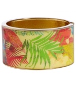 Infuse your look with the bold colors and exotic prints of Brasil. Crafted in gold tone mixed metal Haskell's Palm bangle features yellow, green and red palm leaf details and a hinge clasp. Approximate diameter: 2-1/2 inches. Approximate length: 8 inches. Item comes packaged in a pink gift box.