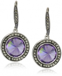 Judith Jack Color Pop Sterling Silver, Marcasite and Amethyst Colored Cubic Zirconia Disc Drop Earrings