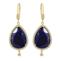 Meira T 14K Yellow Gold Pave Set Diamonds & Pear shape 11.65 ct Blue Sapphire on Euro Wire Dangle Earrings