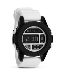 Technology that is second to none: This Nixon watch plays it sporty with a durable design and high-performance features like 100-meter water resistance, temperature gauge, and date feature.