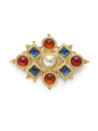 THE LOOKByzantine collectionDiamond-shaped designColored glass stone and faux pearl accents24k electroplated gold settingLatch closureTHE MEASUREMENTWidth, about 3Length, about 4ORIGINMade in USA