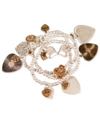 Fill your style with endless love. These Jessica Simpson stretch charm bracelets feature an array of heart charms in silvertone and goldtone mixed metal. Wear a single bracelet or all three together. Approximate charm drops range from 1/4 inch to 1 inch. Approximate diameter: 2 inches.