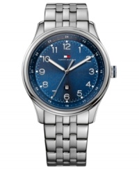 A sleek steel watch with a dial swimming in cool blues, a classic Tommy Hilfiger staple.