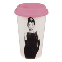 Vandor Audrey Hepburn Breakfast at Tiffany's 12-Ounce Double Wall Ceramic Travel Mug with Silicone Lid, Pink, Black and White