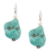 Sterling Silver Turquoise Nugget and Freshwater Cultured Pearl Drop Earrings