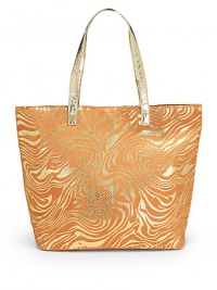 THE LOOKZebra-inspired metallic swirls on canvasSquare silhouetteMetallic shoulder strapsSnap top closureSignature goldtone S studTwo inside open pocketsInside logo printTHE MEASUREMENTShoulder straps 9 drop18¾W X 13¾H X 6DTHE MATERIALCanvasMetallic trimFully linedORIGINImported