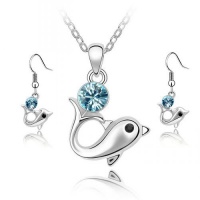 Contessa Bella Fancy Genuine 18k White Gold Plated Aqua Blue Swarovski Austrian Crystal Dolphin Pendant Women Necklace and Earrings Set Elegant Silver Color Crystal Jewelry N9905