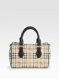 Traditional check pairs with supple calfskin trim in this roomy and ultra-durable PVC design.Double top handles, 5 drop Top zip closure One inside open pocket Nylon lining 12W X 8H X 6D Made in Italy