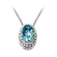 18K Gold Plated Aqua Blue Oval Crystal Pendant Necklace, Free 18 Chain - SUPER NICE