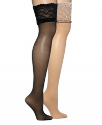 Instant romance: Lengthen your legs with these silky sheer stockings from Berkshire. Delicate lace adorns the top for endless charm.