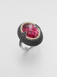 From the Laguna Collection. An oval design with a faceted fuchsia quartz surrounded by rich black spinels set in sterling silver accented by 18k gold. Black spinelFuchsia quartzSterling silver18k goldImported 