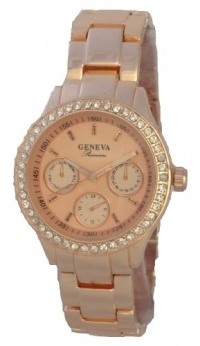 Geneva Quartz Chronograph-style Look Rhinestone on Bezel Rose Gold Metal Band