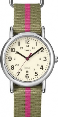 Timex Women?s T2N917 Weekender Mid-Size Slip-Thru Olive Green with Pink Stripe Nylon Strap Watch