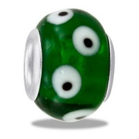 Green and White Eye Dot Italian Glass European/Memory Charm Double Sterling Layered Bead - Fits Pandora Bracelets