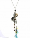 GUESS Silver Tone Y-Necklace, with Heart and Feather Charms, Blue Beads