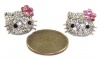 Large 3/4 Kitty Stud Earrings with Dazzling Genuine Austrian Crystals and Pink Flower Bow - Silver Plated