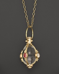 18K yellow gold amulet embellished with aquamairne, iolite, blue moonstone, pink tourmaline and peridot cabochon stones. From Temple St. Clair.