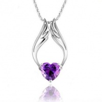 Rhodium Plated 925 Silver Heart Amethyst Angel Wings Pendant Necklace with 18 Sterling Silver Chain-sn3057