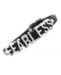 Go for the bold. This mini affirmation from bracelet from BCBGeneration is crafted from silver-tone mixed metal and black PVC for a daring look. Approximate length: 8 inches.