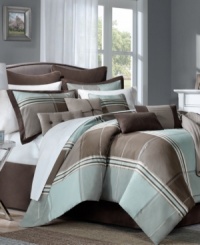 A cool classic. Traditional plaid gets a modern update with a palette that's meant for relaxation. Featuring a plaid jacquard comforter and matching shams, along with solid accents and five coordinating decorative pillows, the Norwalk comforter set gives your bed casual comfort with a fresh appeal. (Clearance)