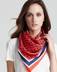 Hearts and stripes accent this adorable silk twill scarf with signature logo at hem.