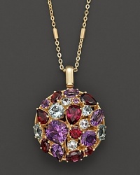 A sparkling mosaic of white sapphire, amethyst, aquamarine, and garnet set in 14K yellow gold.