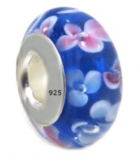 1 High Quality Blue Flowers Authentic 925 Sterling Silver Murano Glass Charm Bead, Fits Pandora, Chamilia, Troll and Others (Threaded Screw Core)