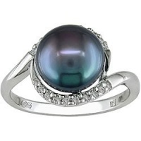 Silver Black FW Pearl and 1/10ct TDW Diamond Ring (9-10 mm)