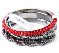 Style&co. Set of 3 Hematite Tone & Red Beads Mesh Chain Bangle Bracelets