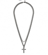 G by GUESS Men's Mixed-Metal Double-Chain Cross Necklace, SILVER