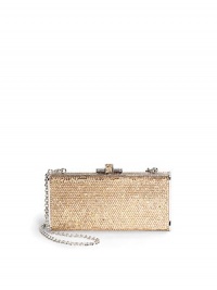 THE LOOKRemovable shoulder chainRectangular shapeEncrusted with tiny Austrian crystalsSlide-lock clasp closureInside logo detailTHE MEASUREMENTShoulder chain, 9½ drop6W X 2¾H X 1½DTHE MATERIALAustrian crystalsMetal boxMetallic leather liningORIGINImported